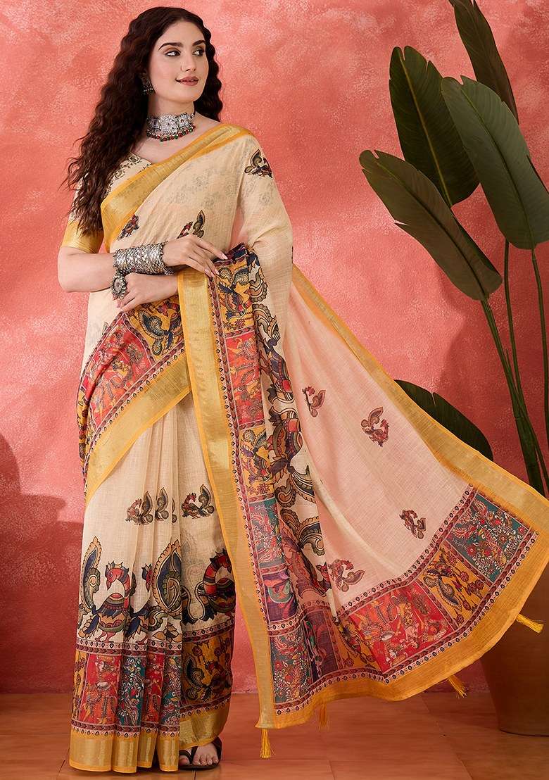 Cream Embroidered Cotton Blend Saree Set for Diwali and Festive Wear - Indya