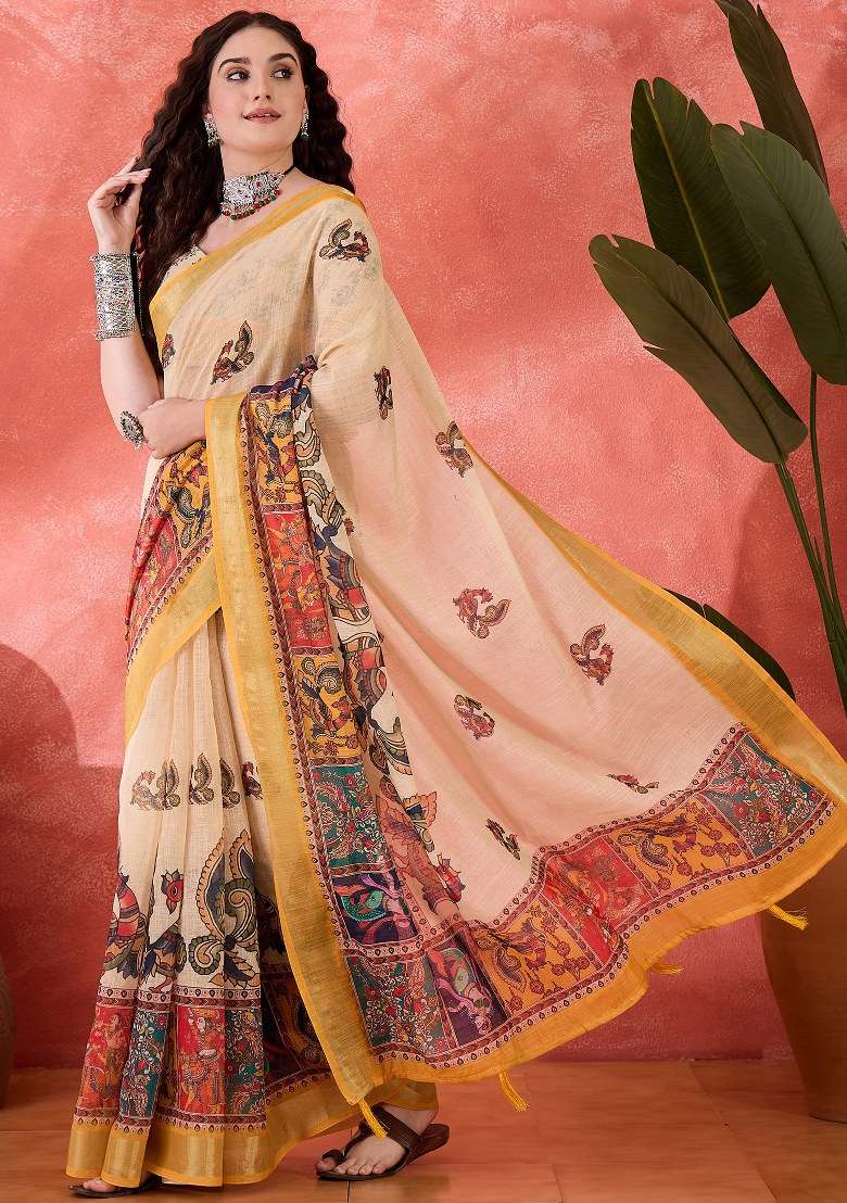Cream Embroidered Cotton Blend Saree Set for Diwali and Festive Wear - Indya