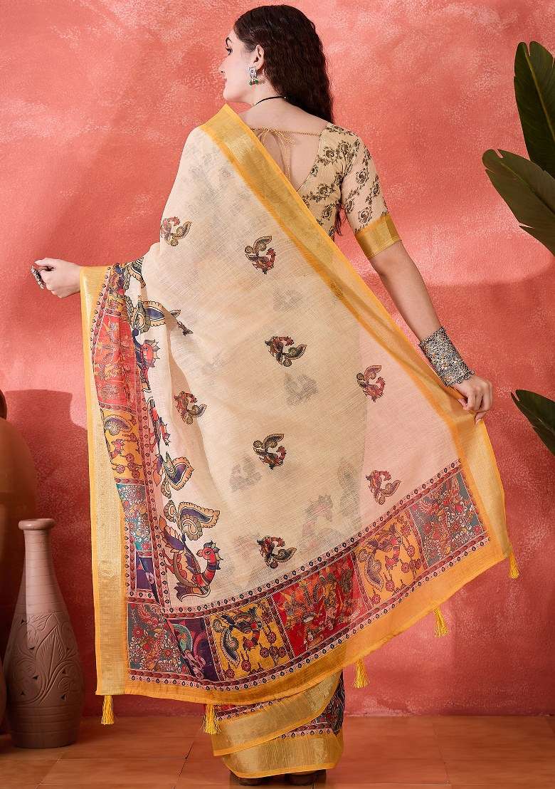 Cream Embroidered Cotton Blend Saree Set for Diwali and Festive Wear - Indya