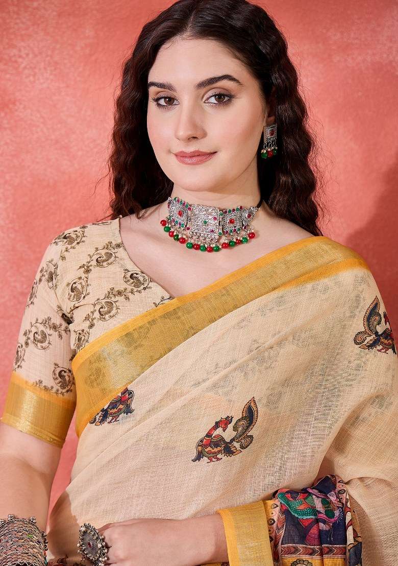 Cream Embroidered Cotton Blend Saree Set for Diwali and Festive Wear - Indya