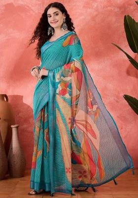 Blue Embroidered Cotton Blend Saree Set