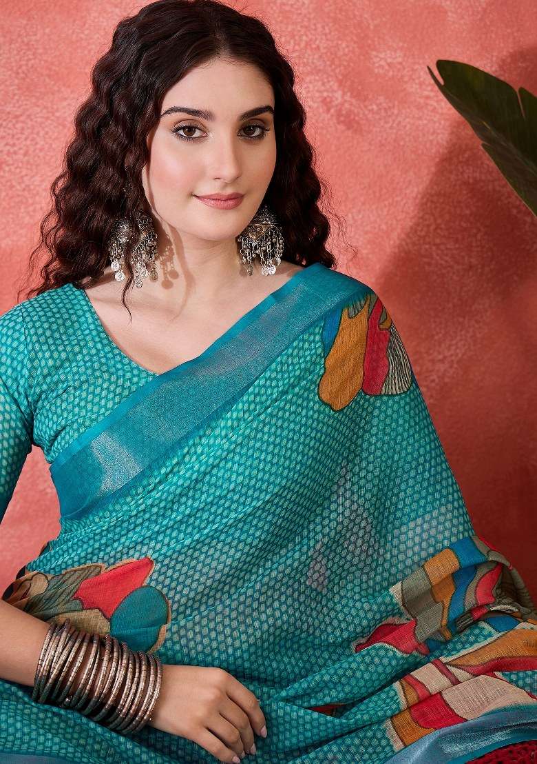 Blue Embroidered Cotton Blend Saree Set for Diwali and Festive Wear - Indya