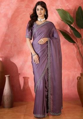 Lavender Embroidered Heavy Satin Chiffon Saree Set
