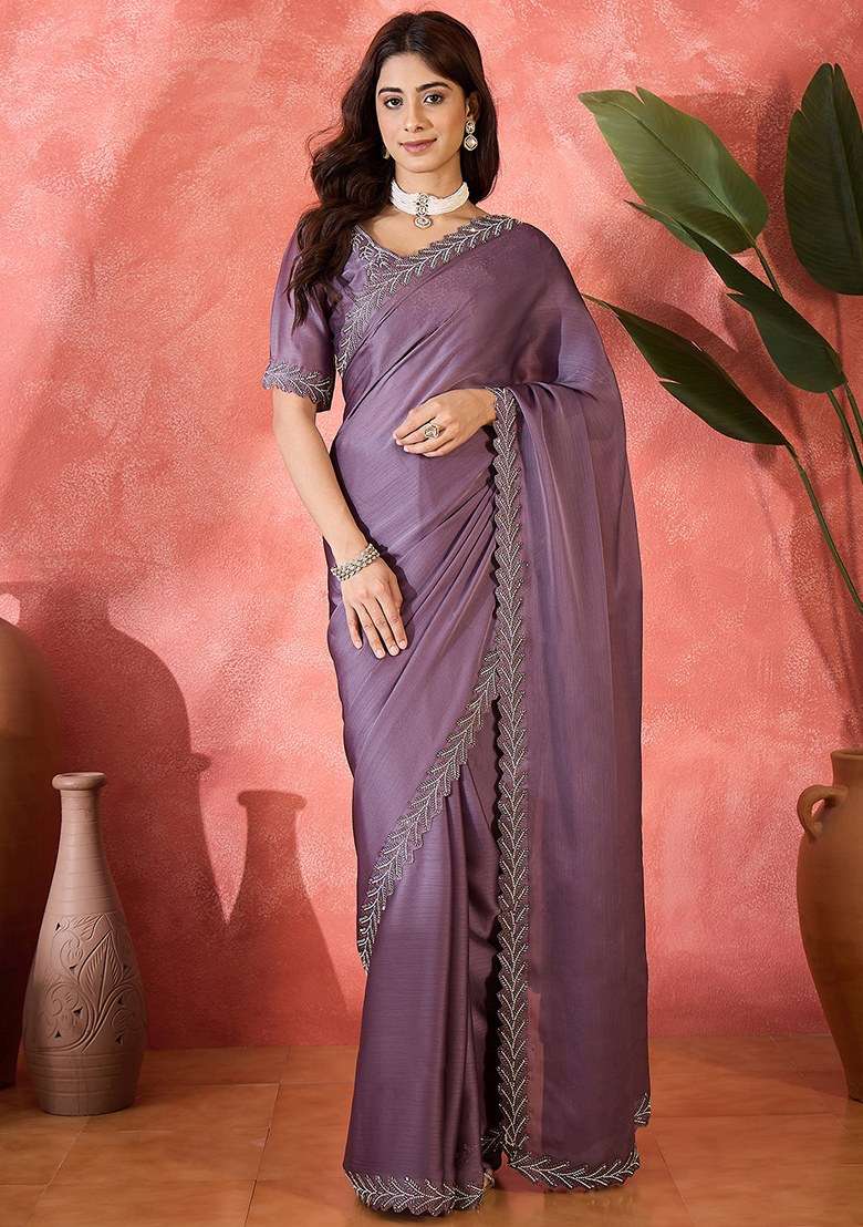 Lavender Embroidered Heavy Satin Chiffon Saree Set - Indya