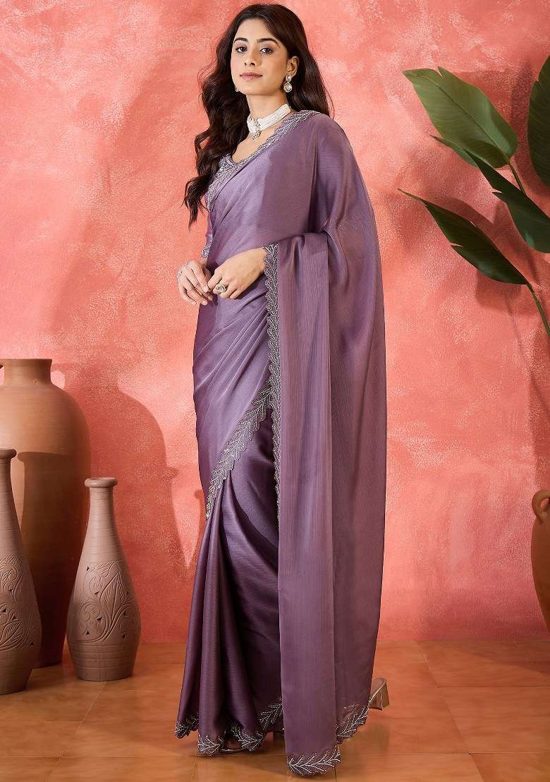 Lavender Embroidered Heavy Satin Chiffon Saree Set - Indya