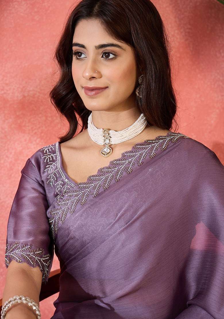 Lavender Embroidered Heavy Satin Chiffon Saree Set - Indya