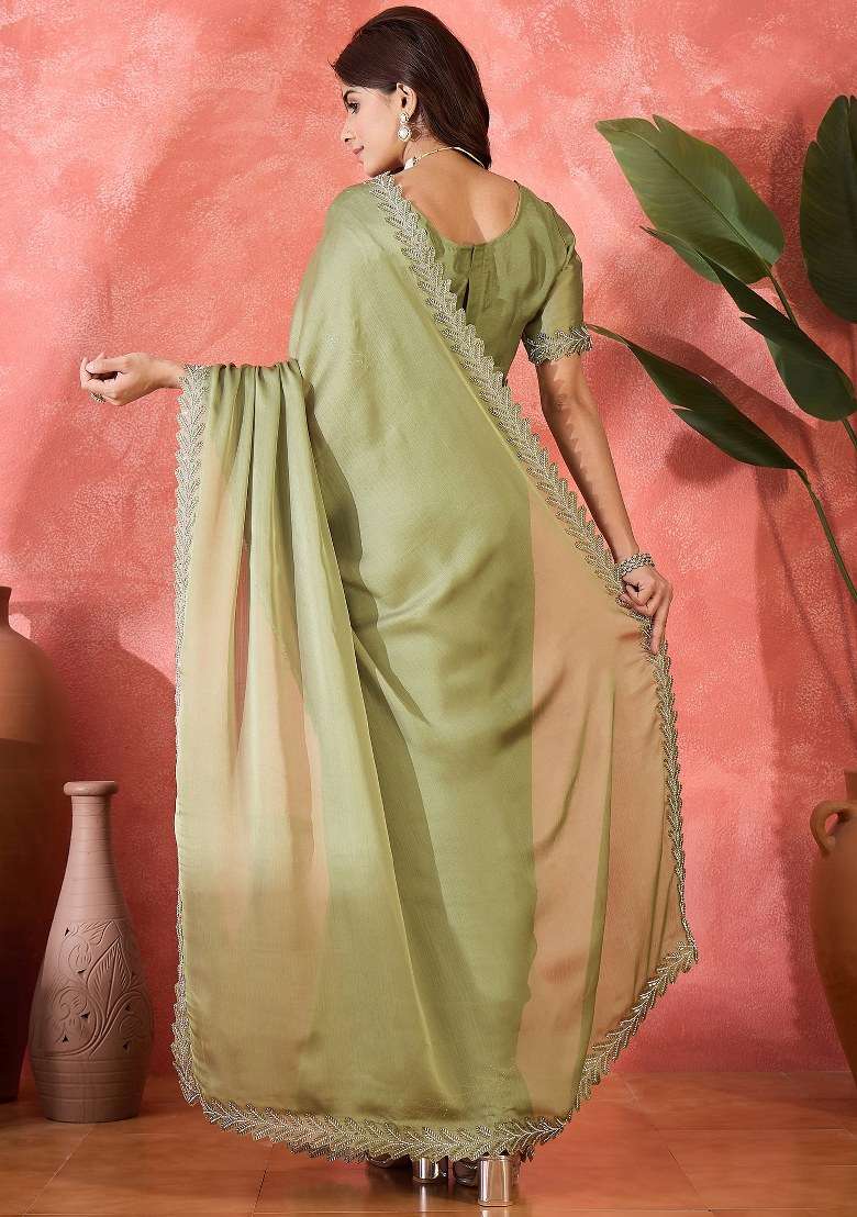 Sea Green Embroidered Heavy Satin Chiffon Saree Set for Diwali and Festive Wear - Indya