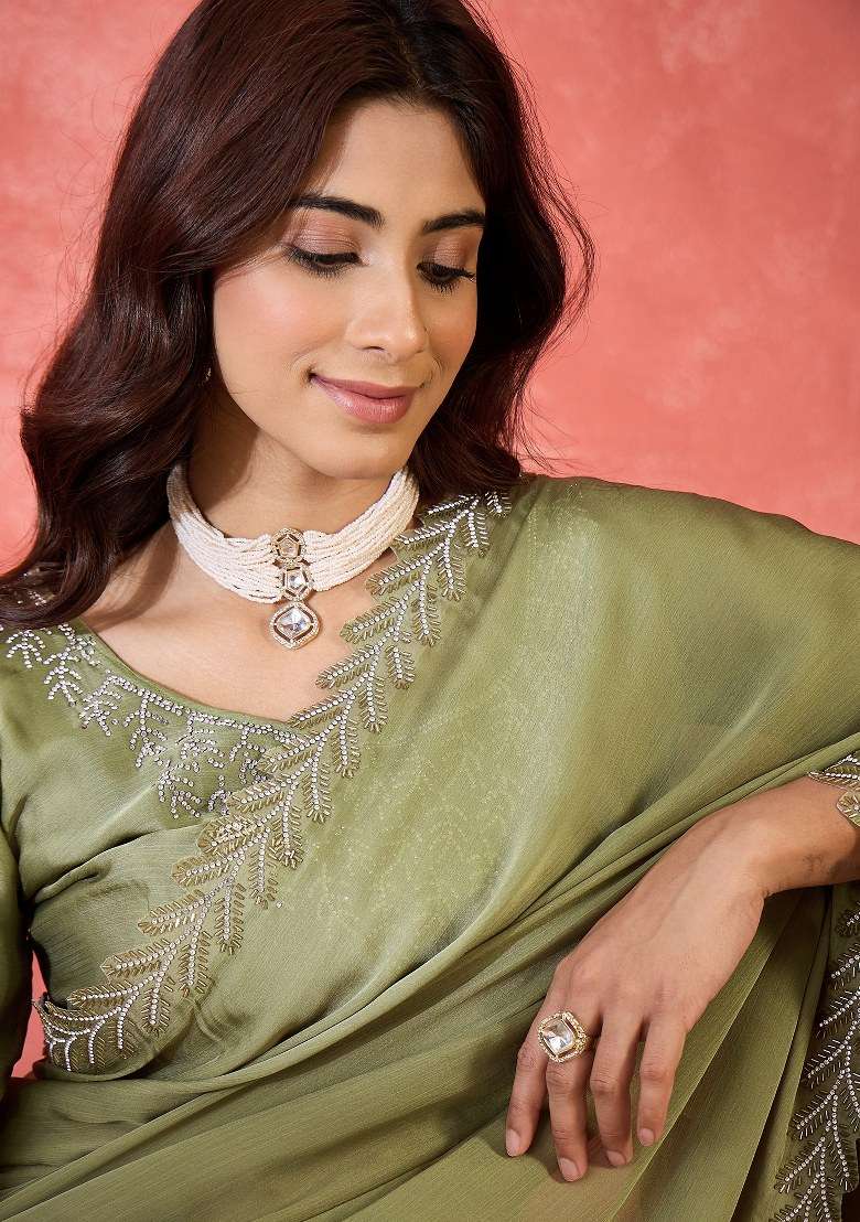 Sea Green Embroidered Heavy Satin Chiffon Saree Set for Diwali and Festive Wear - Indya