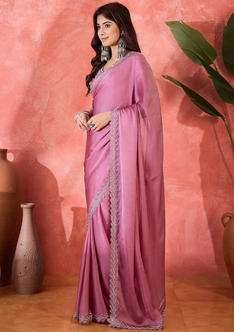 Light Purple Embroidered Heavy Satin Chiffon Saree Set