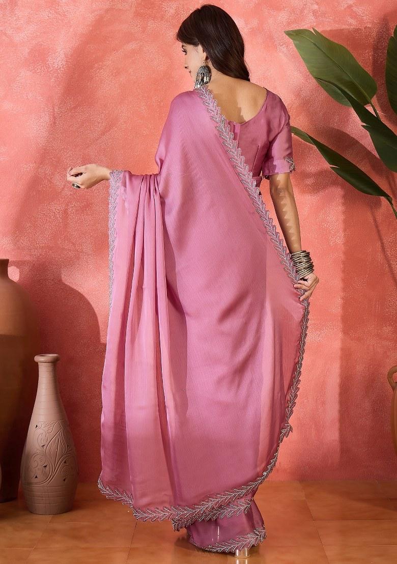 Light Purple Embroidered Heavy Satin Chiffon Saree Set
