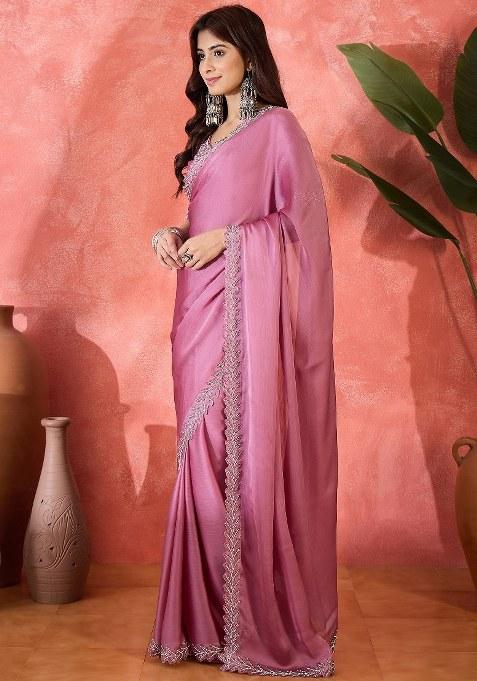 Light Purple Embroidered Heavy Satin Chiffon Saree Set