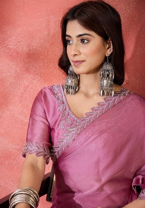 Light Purple Embroidered Heavy Satin Chiffon Saree Set