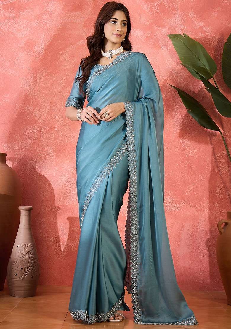 Teal Embroidered Heavy Satin Chiffon Saree Set for Diwali and Festive Wear - Indya