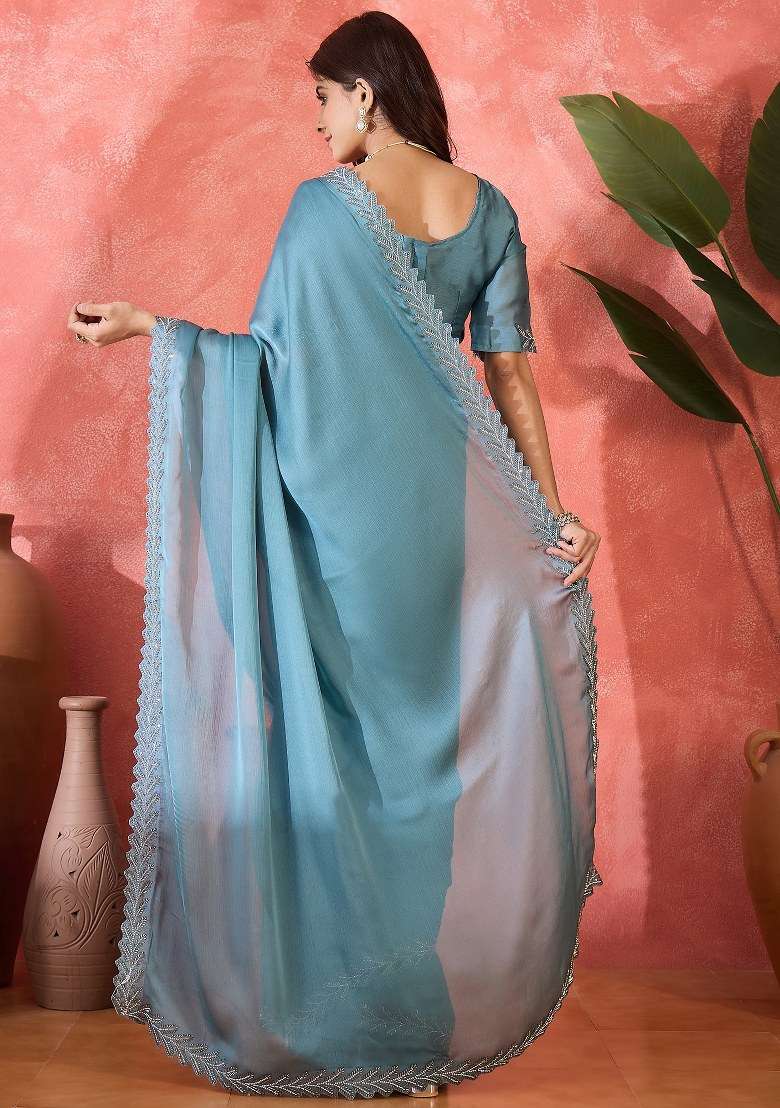 Teal Embroidered Heavy Satin Chiffon Saree Set for Diwali and Festive Wear - Indya