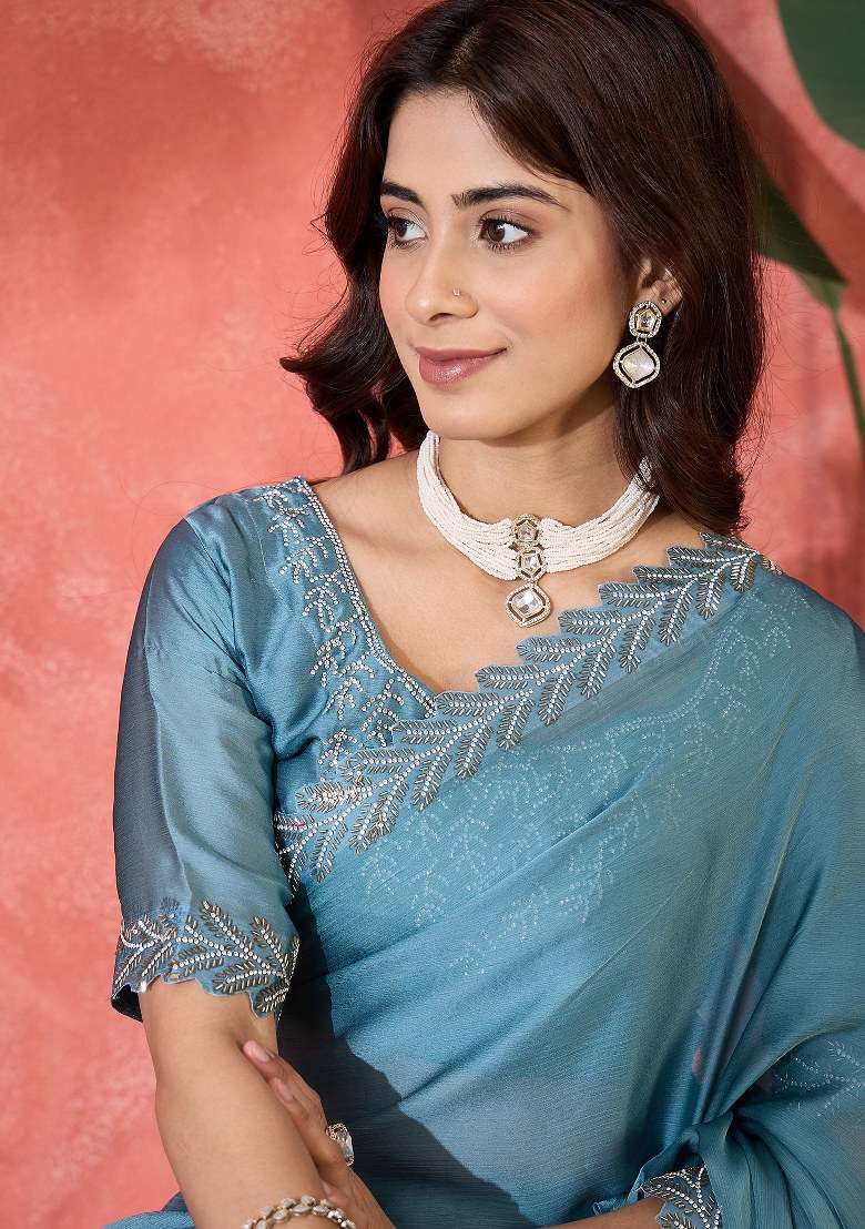 Teal Embroidered Heavy Satin Chiffon Saree Set for Diwali and Festive Wear - Indya