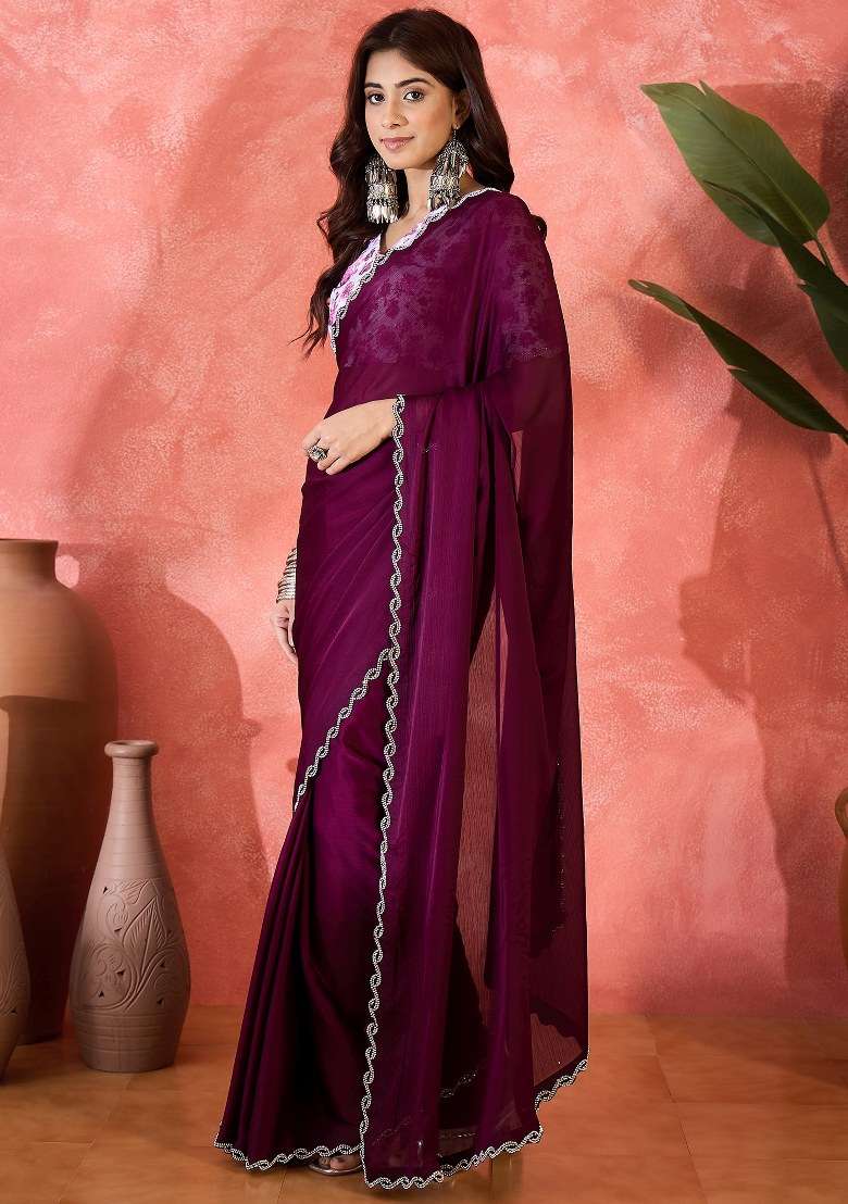Wine Heavy Chiffon Satin Saree Set with Embroidered for Diwali | Wedding & Festive Wear - Indya