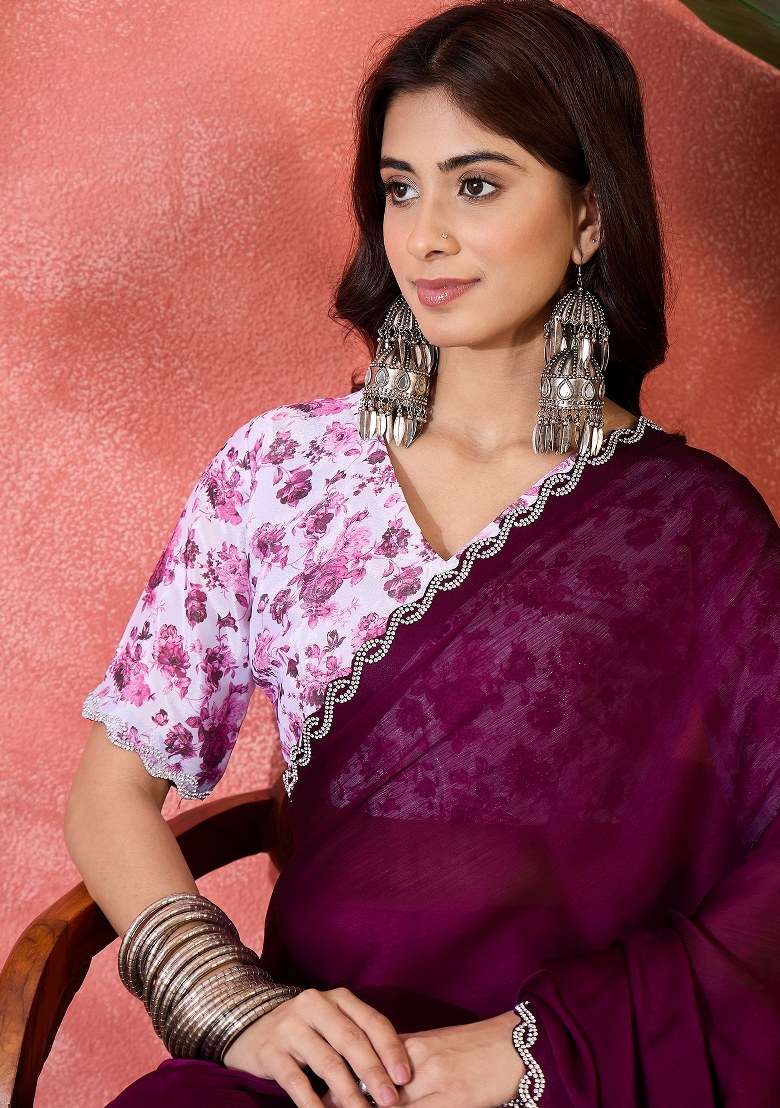 Wine Heavy Chiffon Satin Saree Set with Embroidered for Diwali | Wedding & Festive Wear - Indya