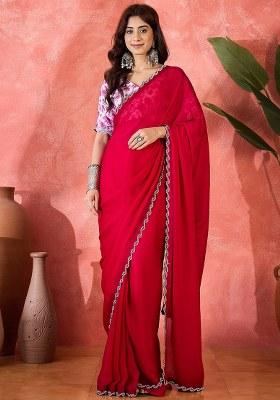 Rust Embroidered Heavy Satin Chiffon Saree Set