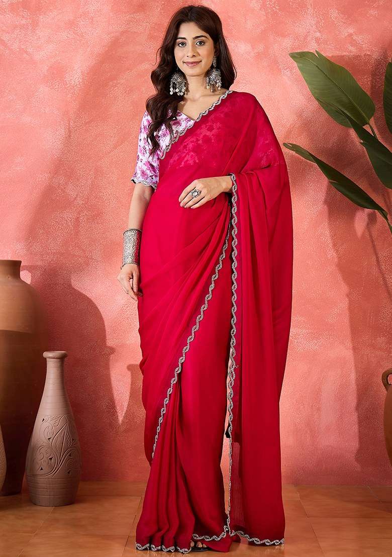 Rust Heavy Chiffon Satin Saree Set with Embroidered for Diwali | Wedding & Festive Wear - Indya