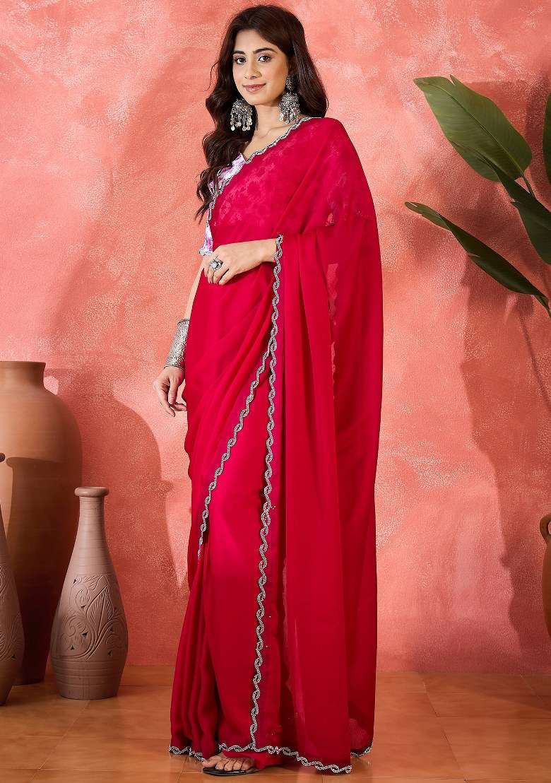 Rust Heavy Chiffon Satin Saree Set with Embroidered for Diwali | Wedding & Festive Wear - Indya