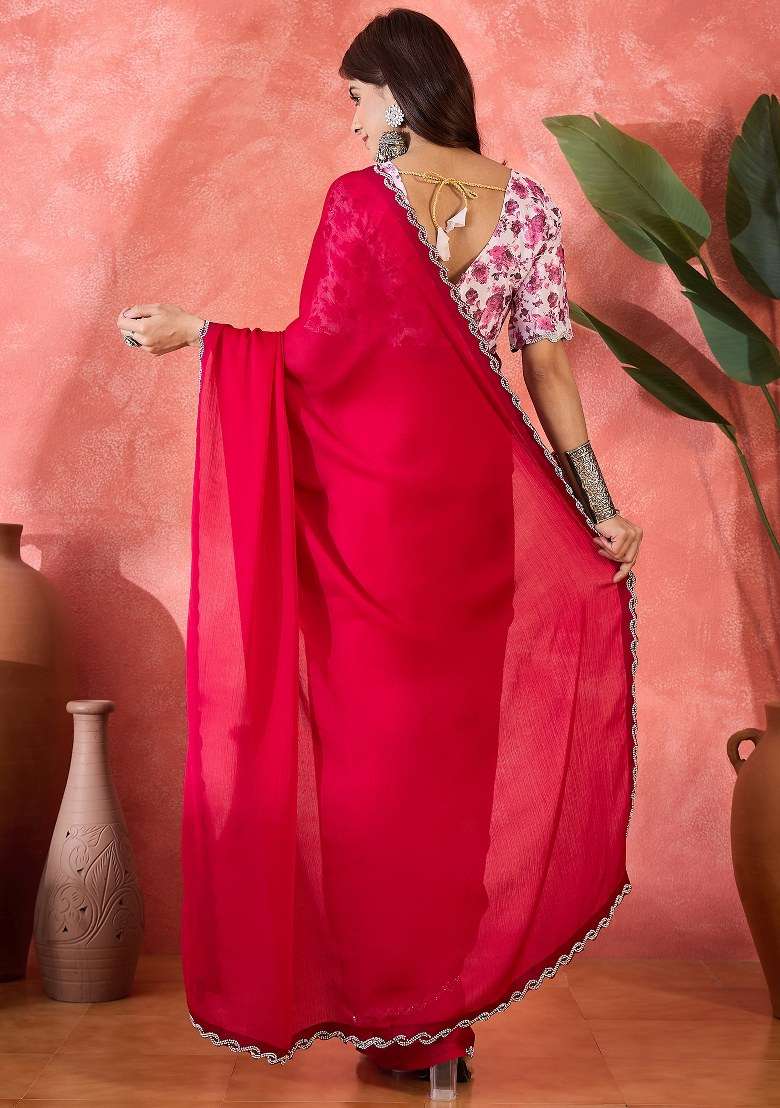 Rust Heavy Chiffon Satin Saree Set with Embroidered for Diwali | Wedding & Festive Wear - Indya