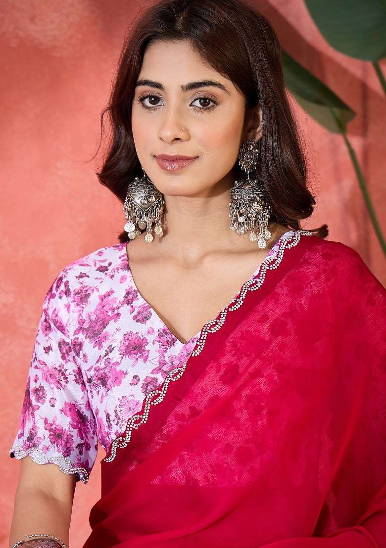 Rust Heavy Chiffon Satin Saree Set with Embroidered for Diwali | Wedding & Festive Wear - Indya