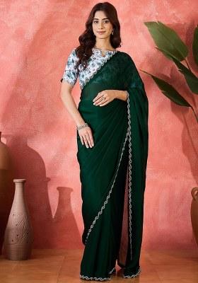 Green Embroidered Heavy Satin Chiffon Saree Set