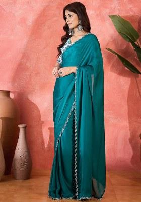 Teal Embroidered Heavy Satin Chiffon Saree Set