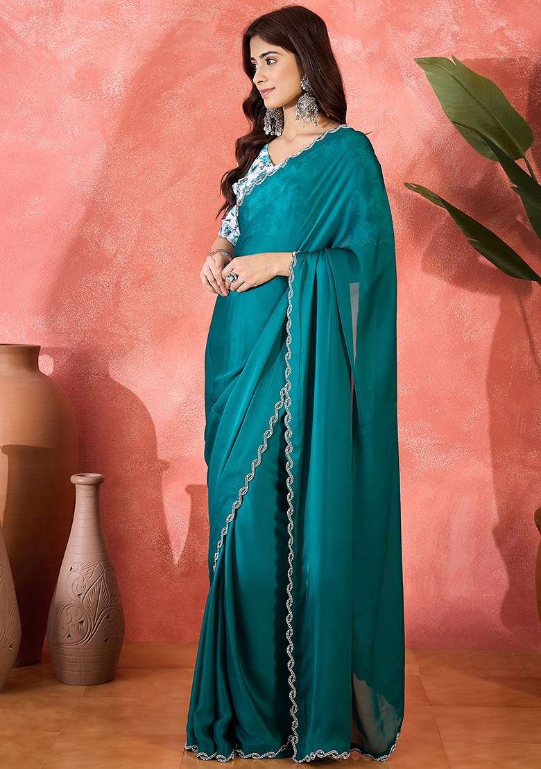Teal Embroidered Heavy Satin Chiffon Saree Set for Diwali and Festive Wear - Indya