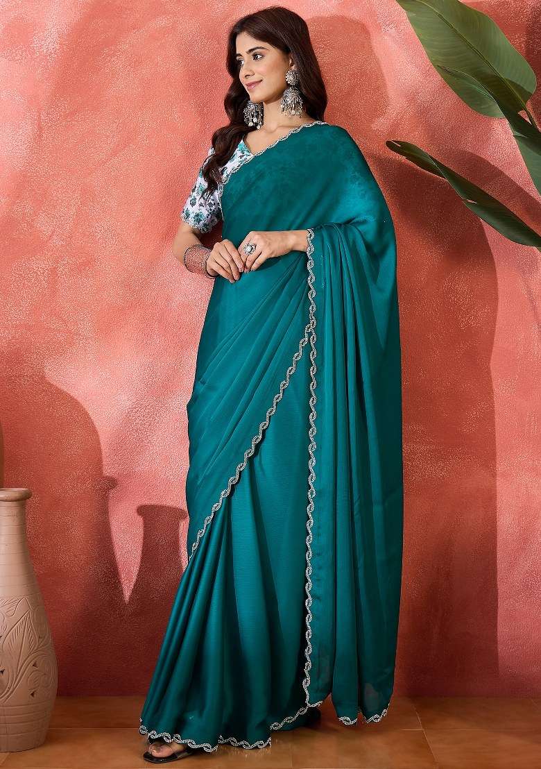 Teal Embroidered Heavy Satin Chiffon Saree Set for Diwali and Festive Wear - Indya