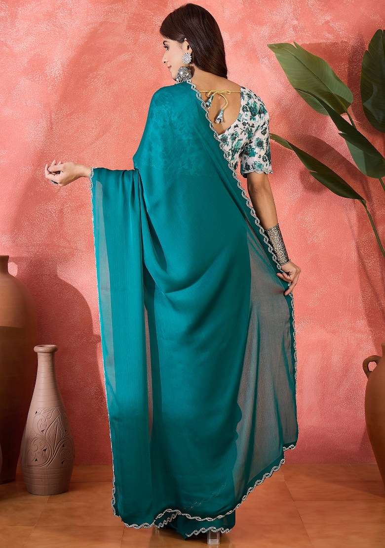 Teal Embroidered Heavy Satin Chiffon Saree Set for Diwali and Festive Wear - Indya