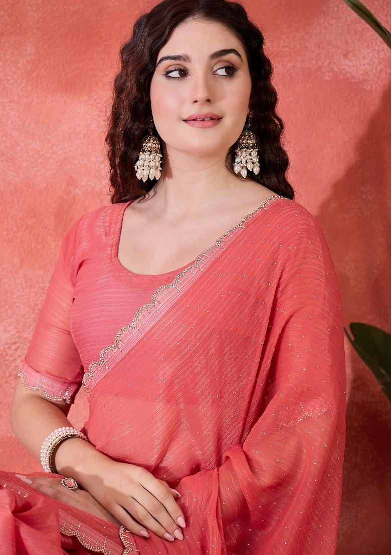 Peach Embroidered Silk Saree Set - Indya