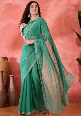 Sea Green Embroidered Silk Saree Set