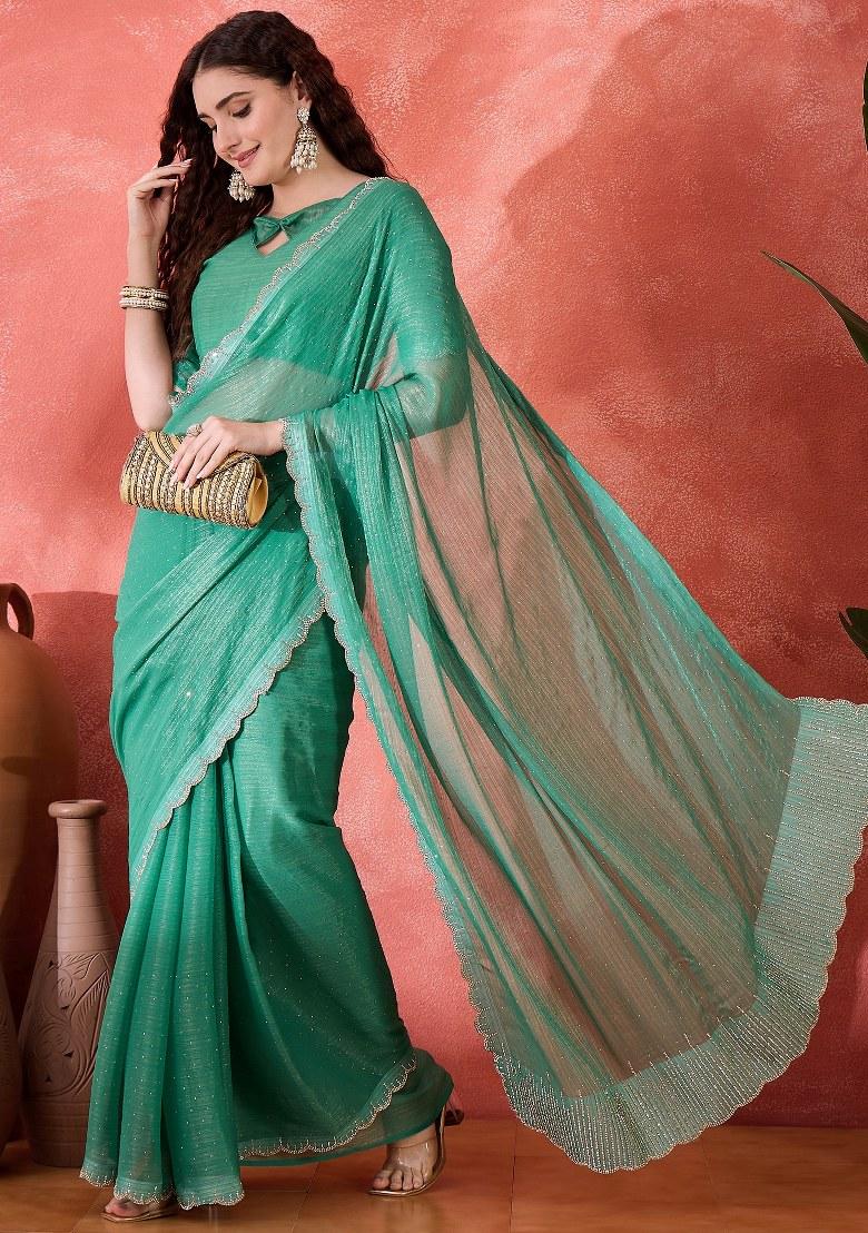 Sea Green Embroidered Silk Saree Set