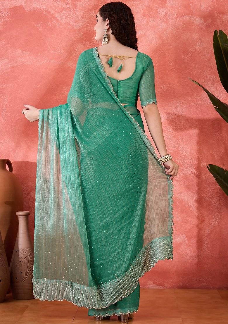 Sea Green Embroidered Silk Saree Set