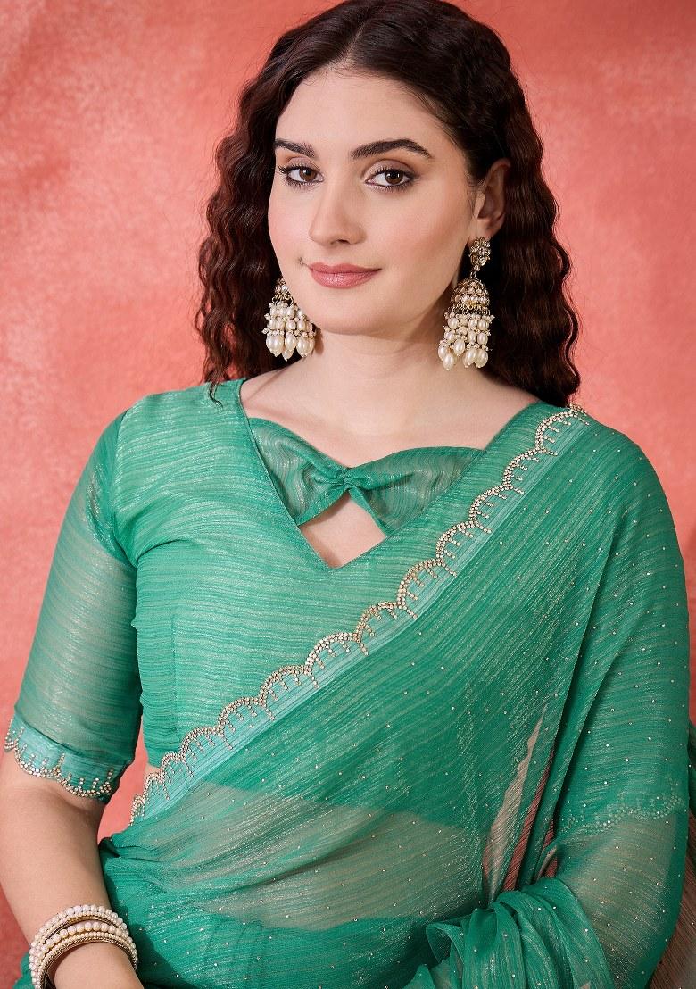 Sea Green Embroidered Silk Saree Set