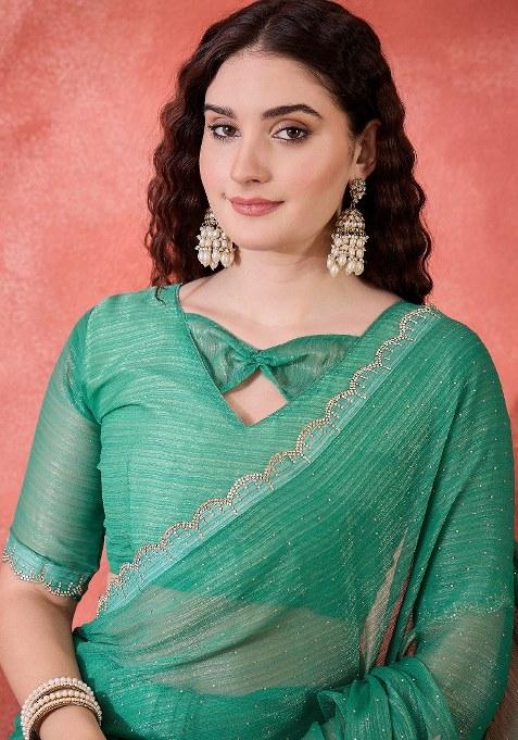 Sea Green Embroidered Silk Saree Set