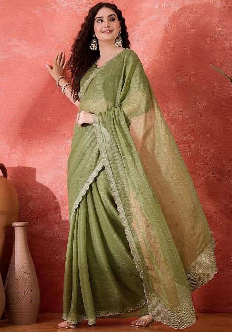 Pista Green Embroidered Silk Saree Set