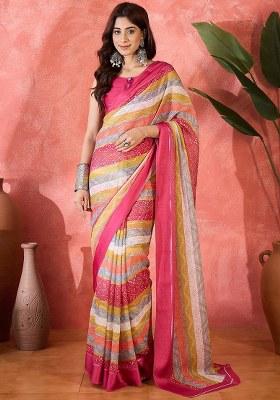 Pink Embroidered Moss Chiffon Saree Set