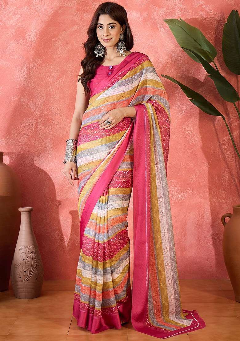 Pink Moss Chiffon Saree Set with Embroidered for Diwali | Wedding & Festive Wear - Indya
