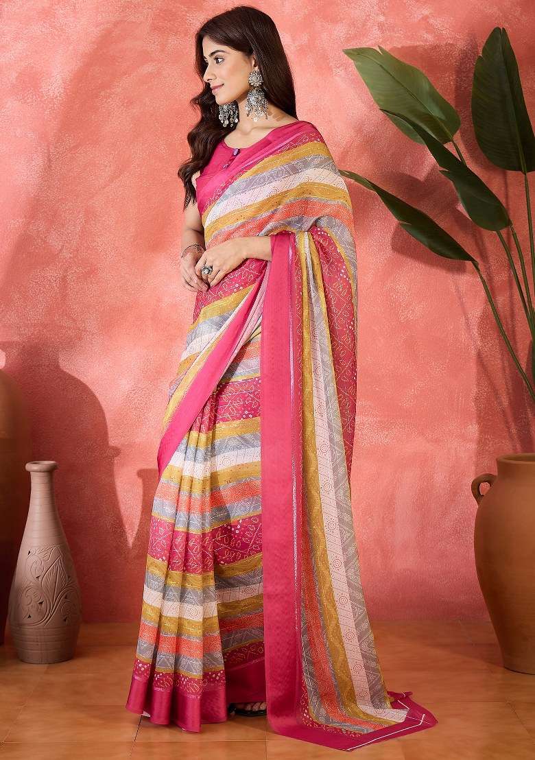 Pink Moss Chiffon Saree Set with Embroidered for Diwali | Wedding & Festive Wear - Indya