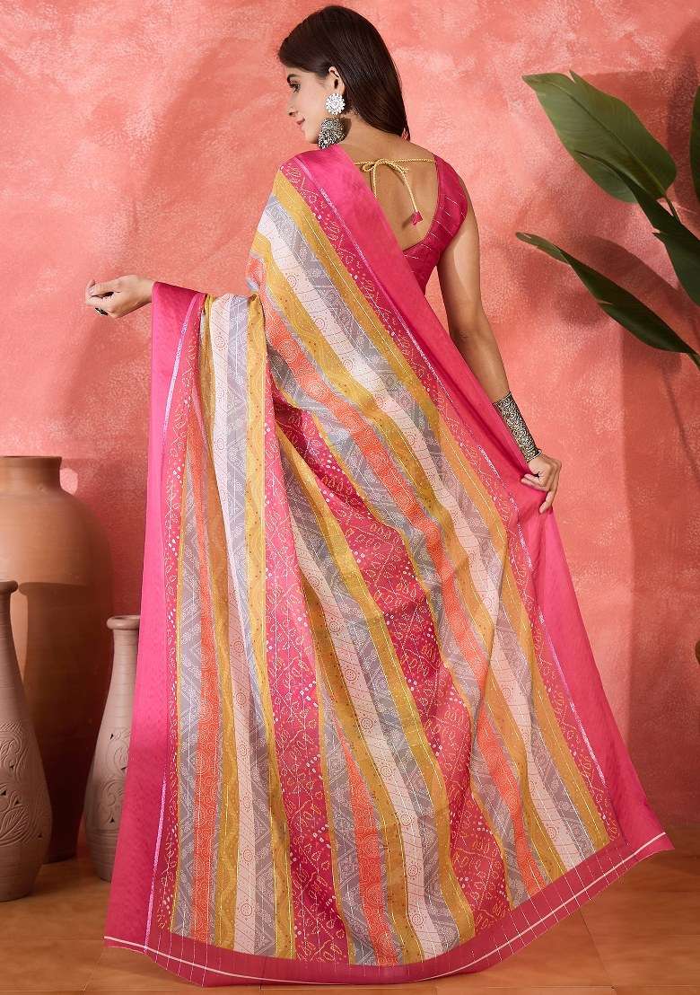 Pink Moss Chiffon Saree Set with Embroidered for Diwali | Wedding & Festive Wear - Indya