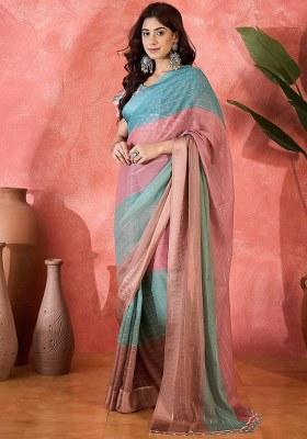Multicolor Embroidered Moss Chiffon Saree Set