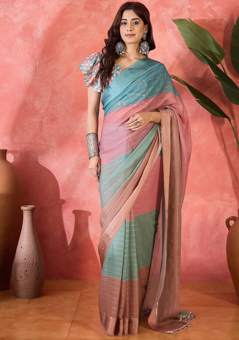 Multicolor Embroidered Moss Chiffon Saree Set