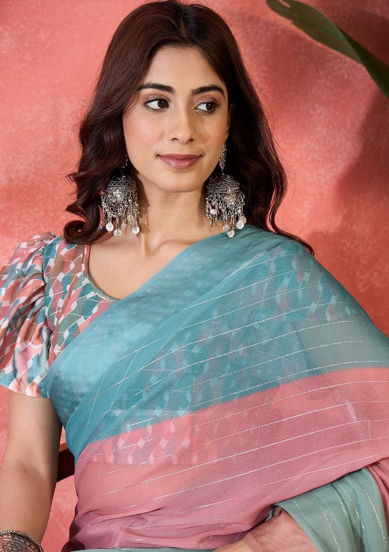 Multicolor Embroidered Moss Chiffon Saree Set - Indya