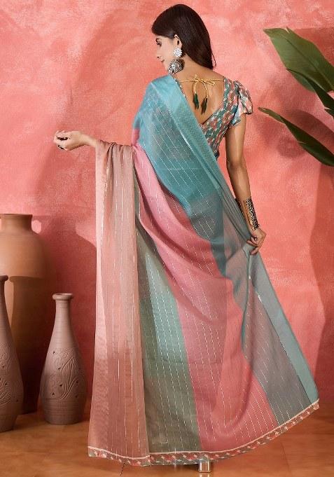 Multicolor Embroidered Moss Chiffon Saree Set