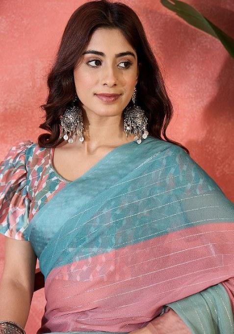 Multicolor Embroidered Moss Chiffon Saree Set