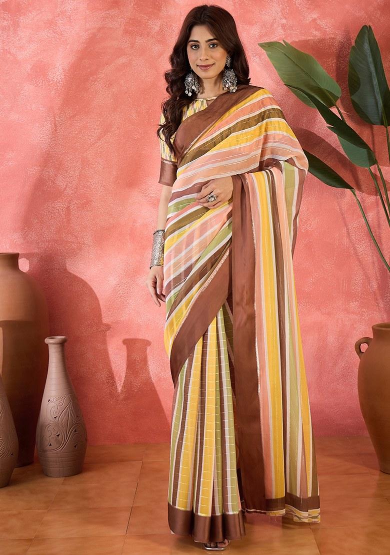 Multicolor Embroidered Moss Chiffon Saree Set