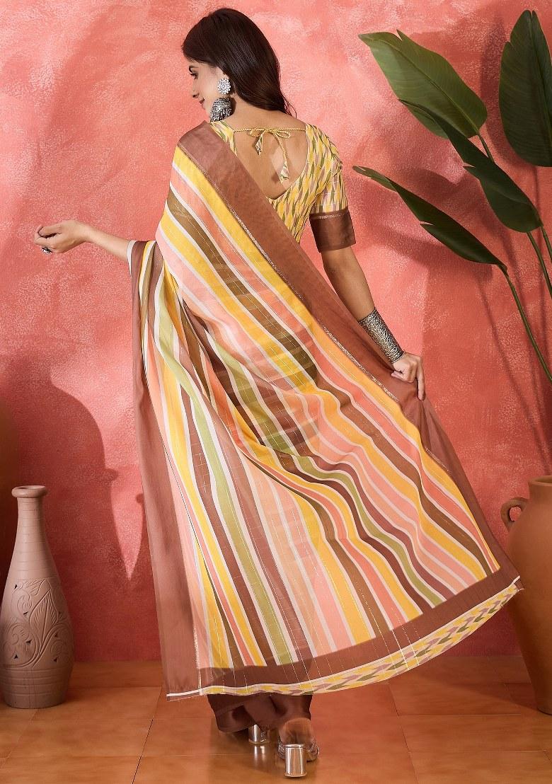 Multicolor Embroidered Moss Chiffon Saree Set