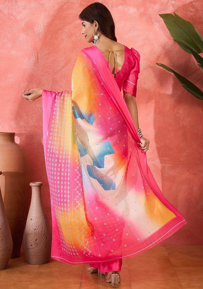 Multicolor Embroidered Moss Chiffon Saree Set